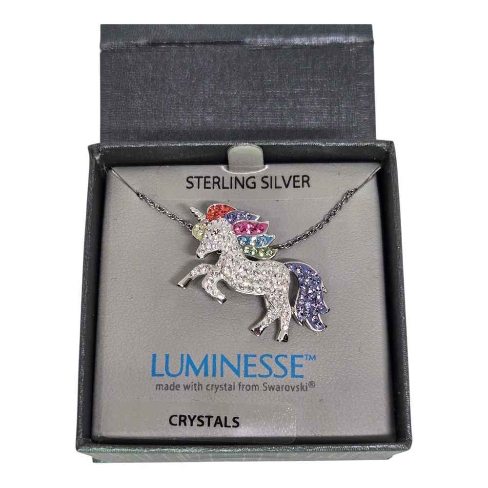 Luminess Sterling Silver Unicorn Necklace with Multicolor Crystals